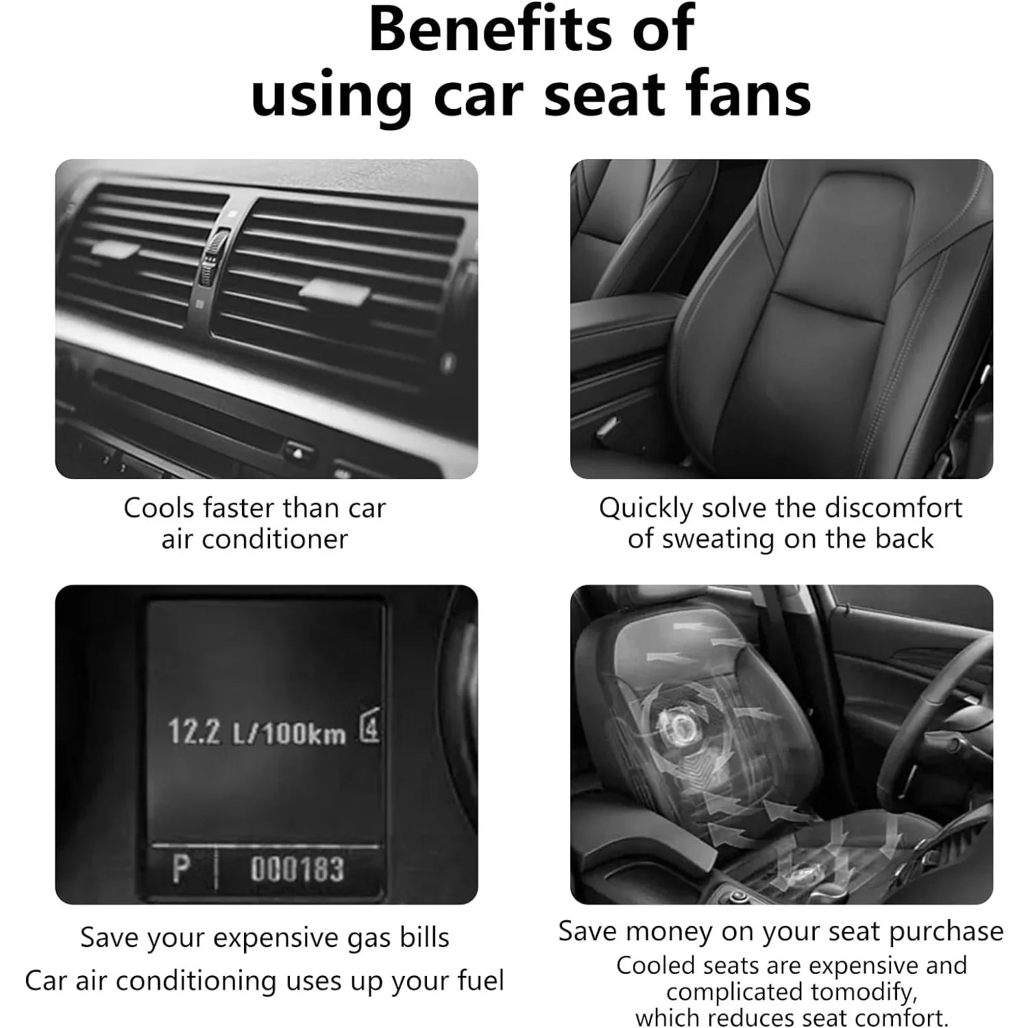 Wiher Car Seat Fan, Car Fan Seat Cooling Fan with 3 Speed Rotating Fan to Cool Your Back, Suitable for Car RV SUVs Trucks and Kids, Blows Out Cool Air (Black)