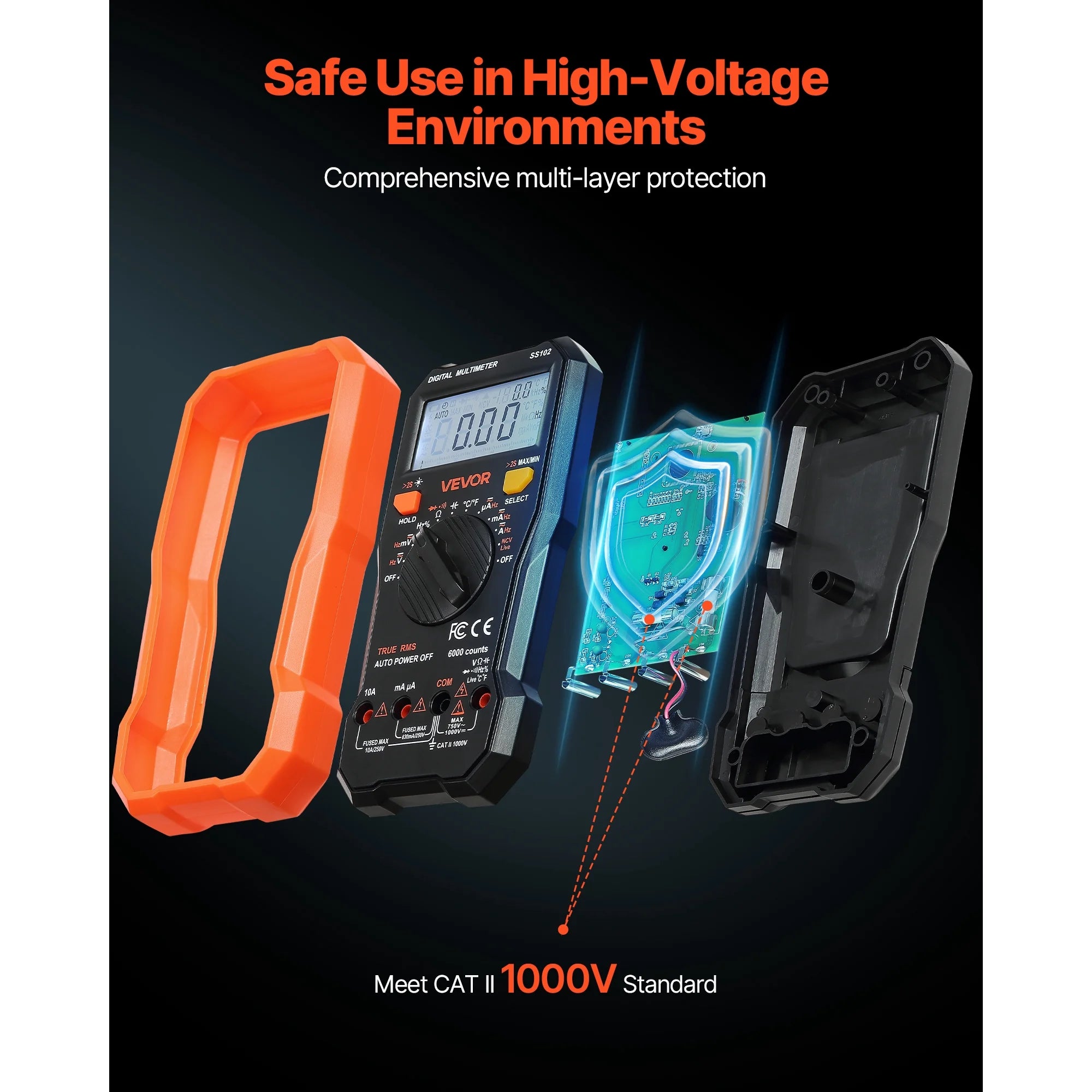 VEVOR Digital Multimeter,6000-Count TRMS DC/AC Voltmeter Current Tester,Professional NCV Multimeter for Current Voltage Resistance Capacitance Duty-Cycle Tempetature Diodes Continuity Live Wire Test