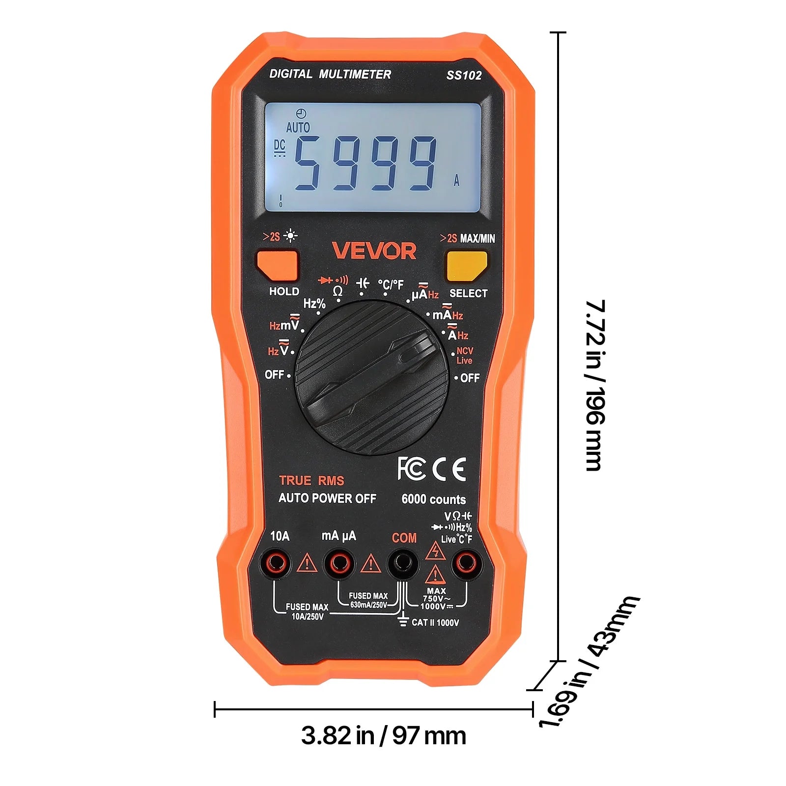 VEVOR Digital Multimeter,6000-Count TRMS DC/AC Voltmeter Current Tester,Professional NCV Multimeter for Current Voltage Resistance Capacitance Duty-Cycle Tempetature Diodes Continuity Live Wire Test