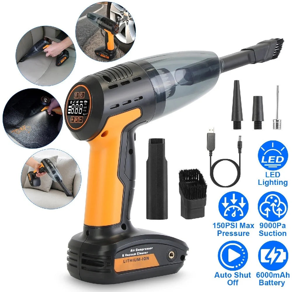 4-in-1 Cordless Car Vacuum Cleaner & Tire Inflator Pump w Digital Gauge, 9000Pa, 150PSI, Auto Stop, 6000mAh