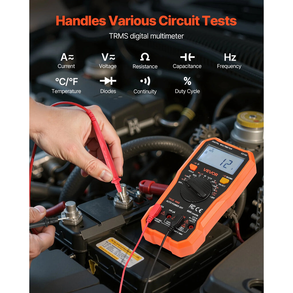 VEVOR Digital Multimeter,6000-Count TRMS DC/AC Voltmeter Current Tester,Professional NCV Multimeter for Current Voltage Resistance Capacitance Duty-Cycle Tempetature Diodes Continuity Live Wire Test