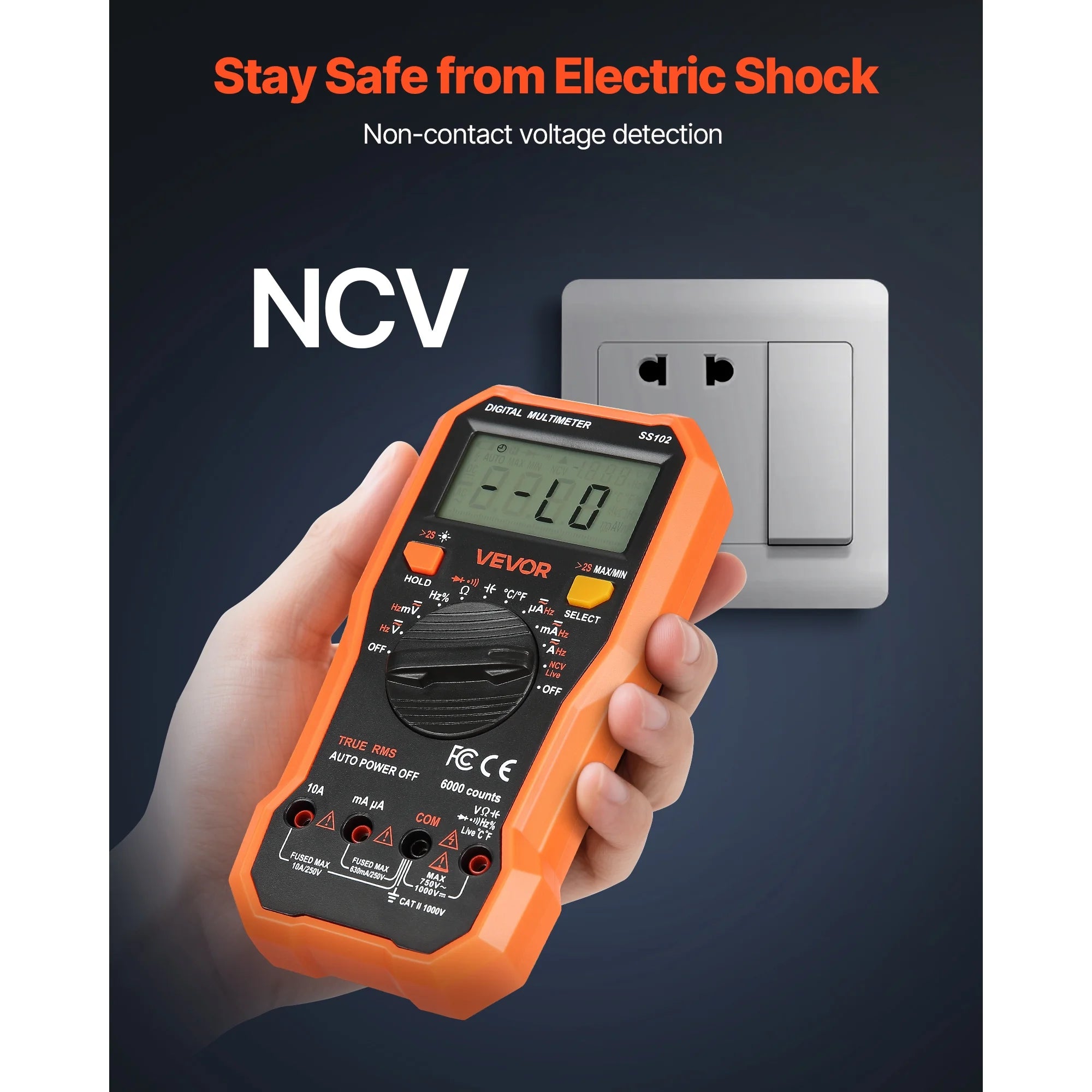 VEVOR Digital Multimeter,6000-Count TRMS DC/AC Voltmeter Current Tester,Professional NCV Multimeter for Current Voltage Resistance Capacitance Duty-Cycle Tempetature Diodes Continuity Live Wire Test