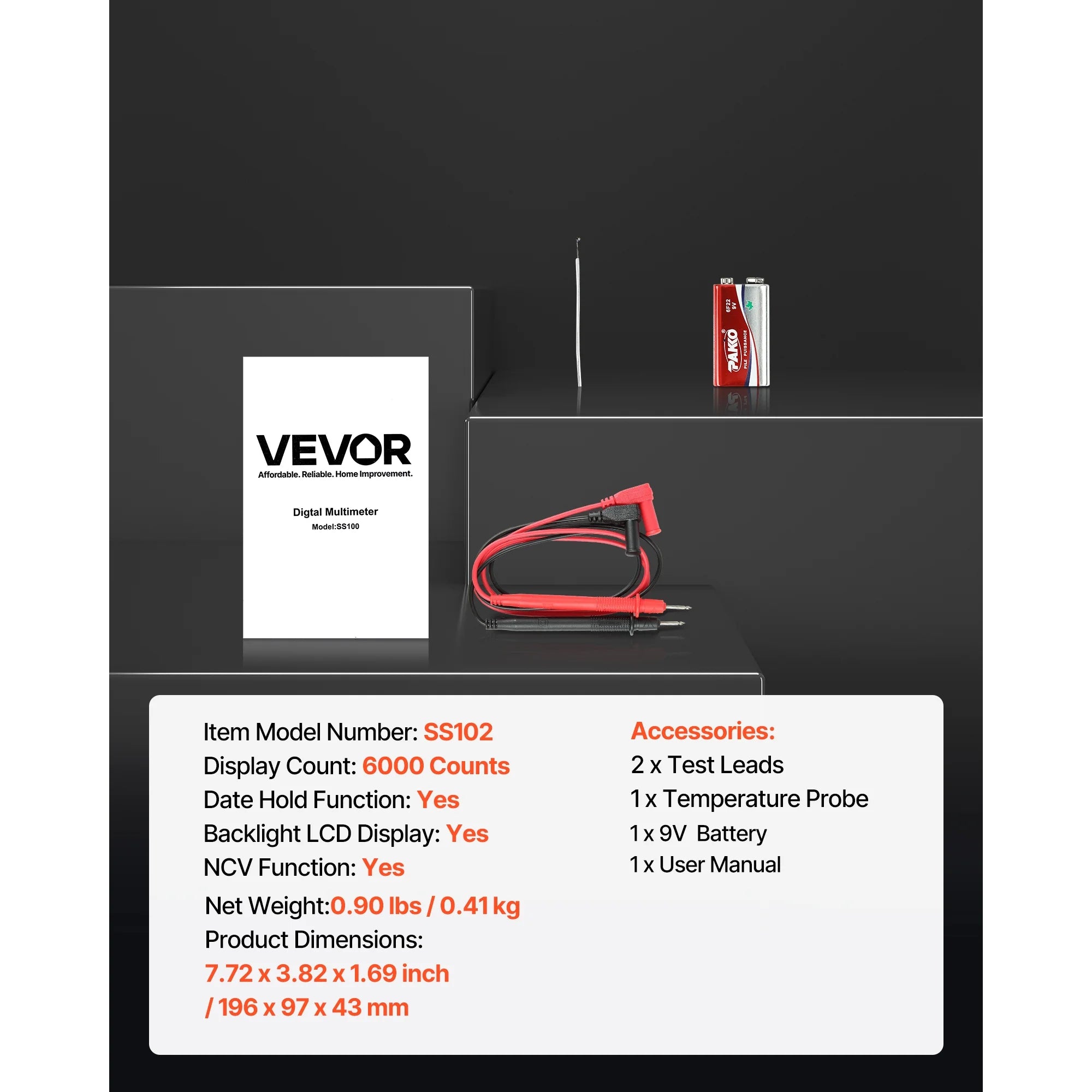 VEVOR Digital Multimeter,6000-Count TRMS DC/AC Voltmeter Current Tester,Professional NCV Multimeter for Current Voltage Resistance Capacitance Duty-Cycle Tempetature Diodes Continuity Live Wire Test