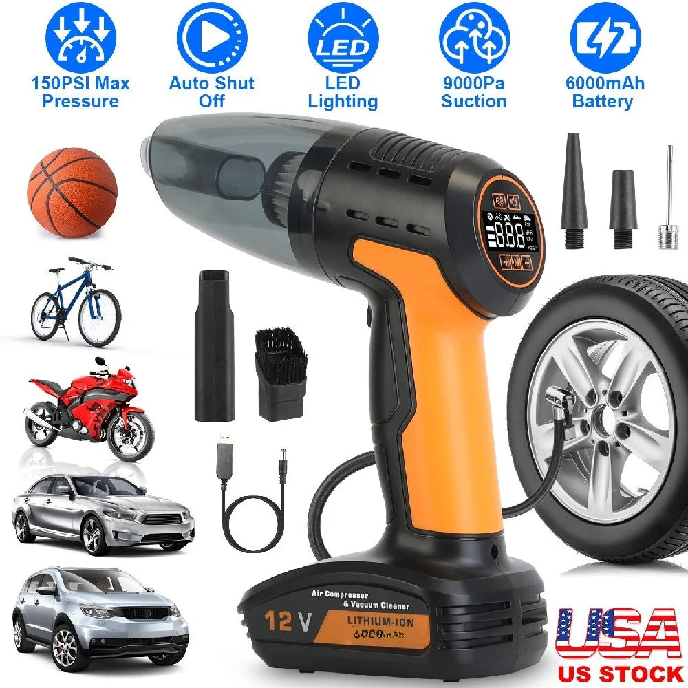 4-in-1 Cordless Car Vacuum Cleaner & Tire Inflator Pump w Digital Gauge, 9000Pa, 150PSI, Auto Stop, 6000mAh
