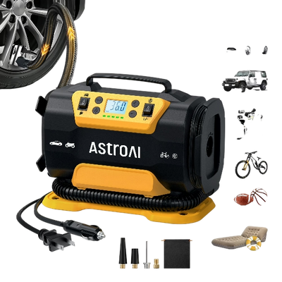 AstroAI Tire Inflator Air Compressor Portable Electric Pump for Tires, 150 Psi Car Tire Air Pump with Dual Metal Motors Dual Power Sources 12V DC/110V AC for Car Bicycle Motorcycle Ball Air Mattress