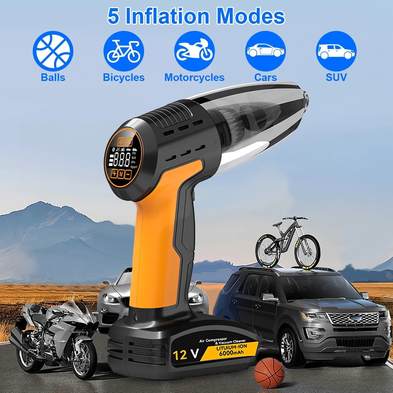 4-in-1 Cordless Car Vacuum Cleaner & Tire Inflator Pump w Digital Gauge, 9000Pa, 150PSI, Auto Stop, 6000mAh