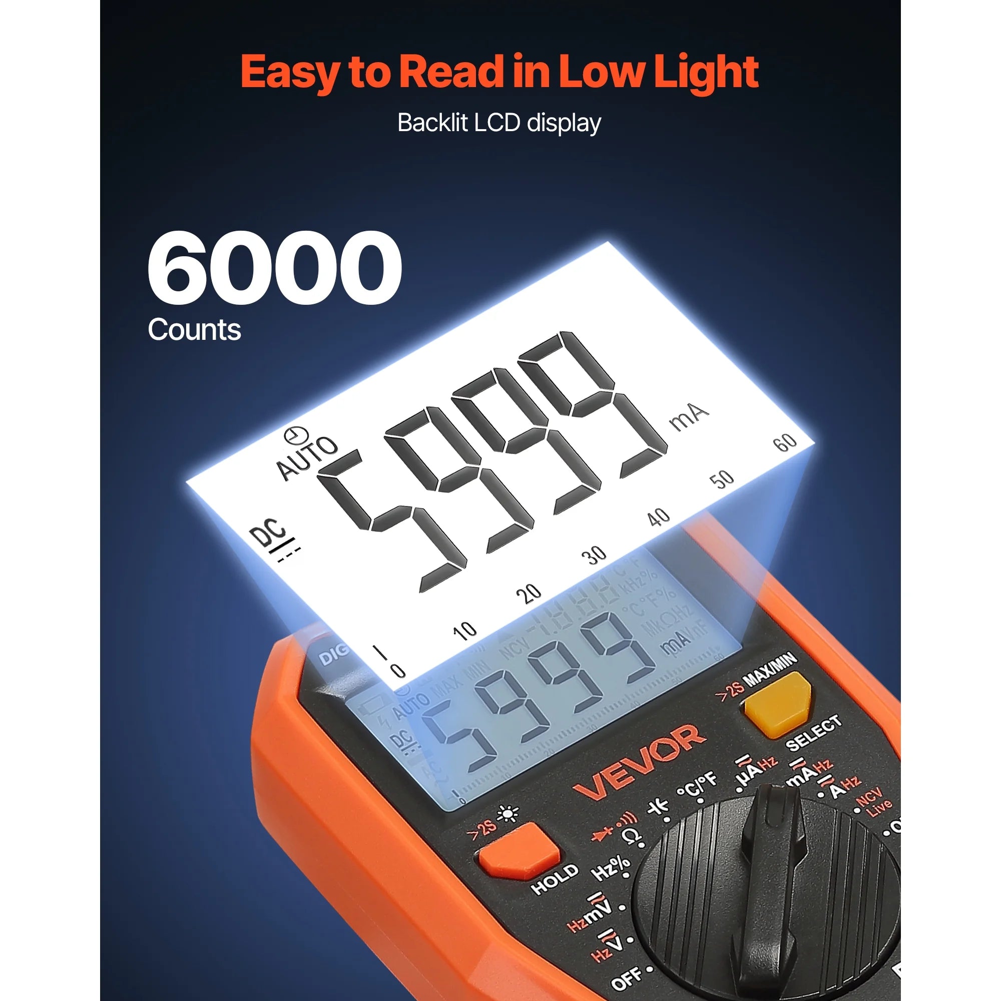 VEVOR Digital Multimeter,6000-Count TRMS DC/AC Voltmeter Current Tester,Professional NCV Multimeter for Current Voltage Resistance Capacitance Duty-Cycle Tempetature Diodes Continuity Live Wire Test