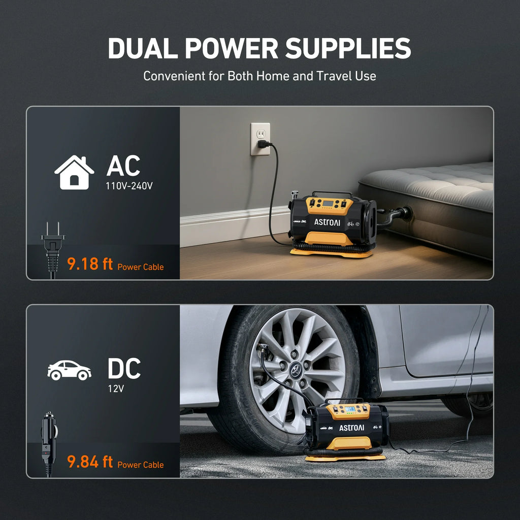 AstroAI Tire Inflator Air Compressor Portable Electric Pump for Tires, 150 Psi Car Tire Air Pump with Dual Metal Motors Dual Power Sources 12V DC/110V AC for Car Bicycle Motorcycle Ball Air Mattress
