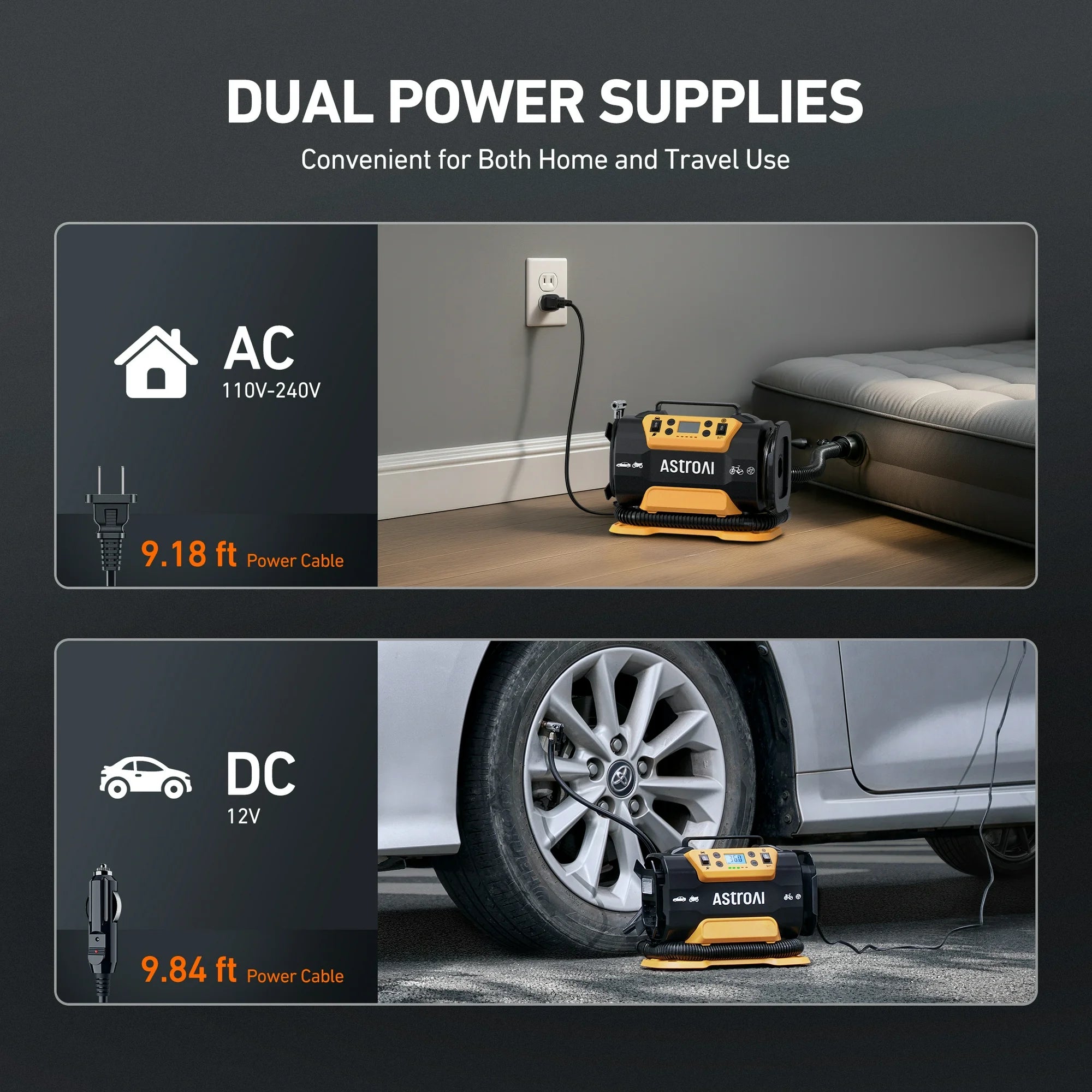 AstroAI Tire Inflator Air Compressor Portable Electric Pump for Tires, 150 Psi Car Tire Air Pump with Dual Metal Motors Dual Power Sources 12V DC/110V AC for Car Bicycle Motorcycle Ball Air Mattress