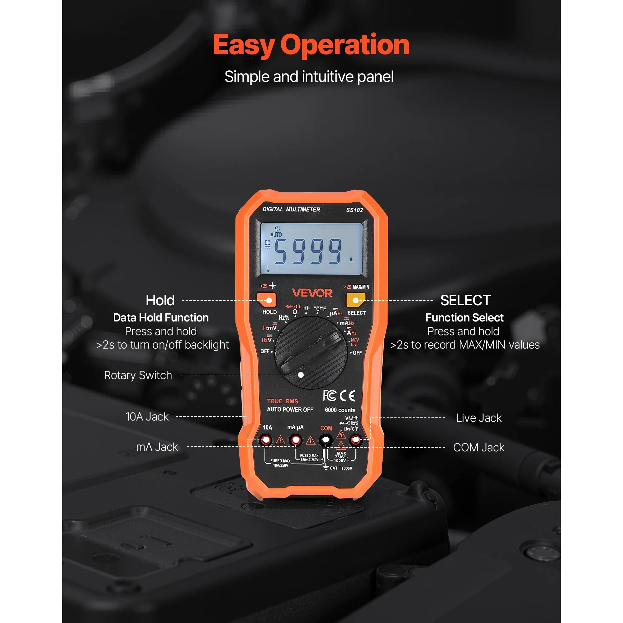 VEVOR Digital Multimeter,6000-Count TRMS DC/AC Voltmeter Current Tester,Professional NCV Multimeter for Current Voltage Resistance Capacitance Duty-Cycle Tempetature Diodes Continuity Live Wire Test